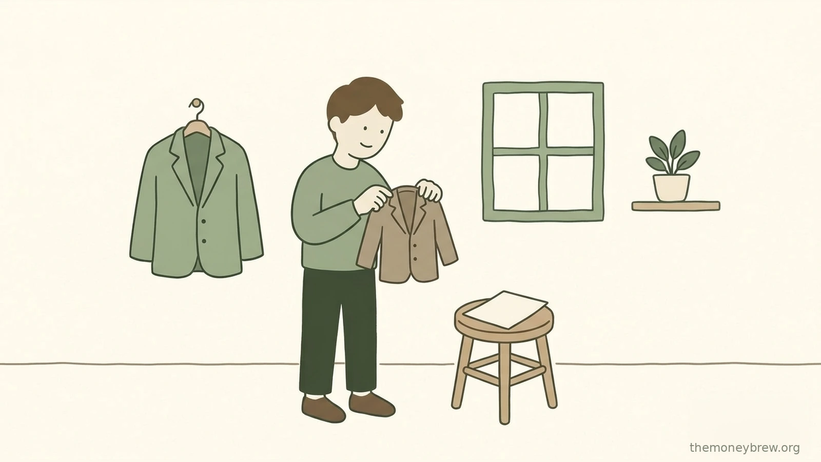 Một người đàn ông cầm chiếc áo khoác quá nhỏ, bên cạnh là chiếc áo vừa vặn: minh họa vui cho việc chọn kế hoạch tài chính phù hợp với người sử dụng.