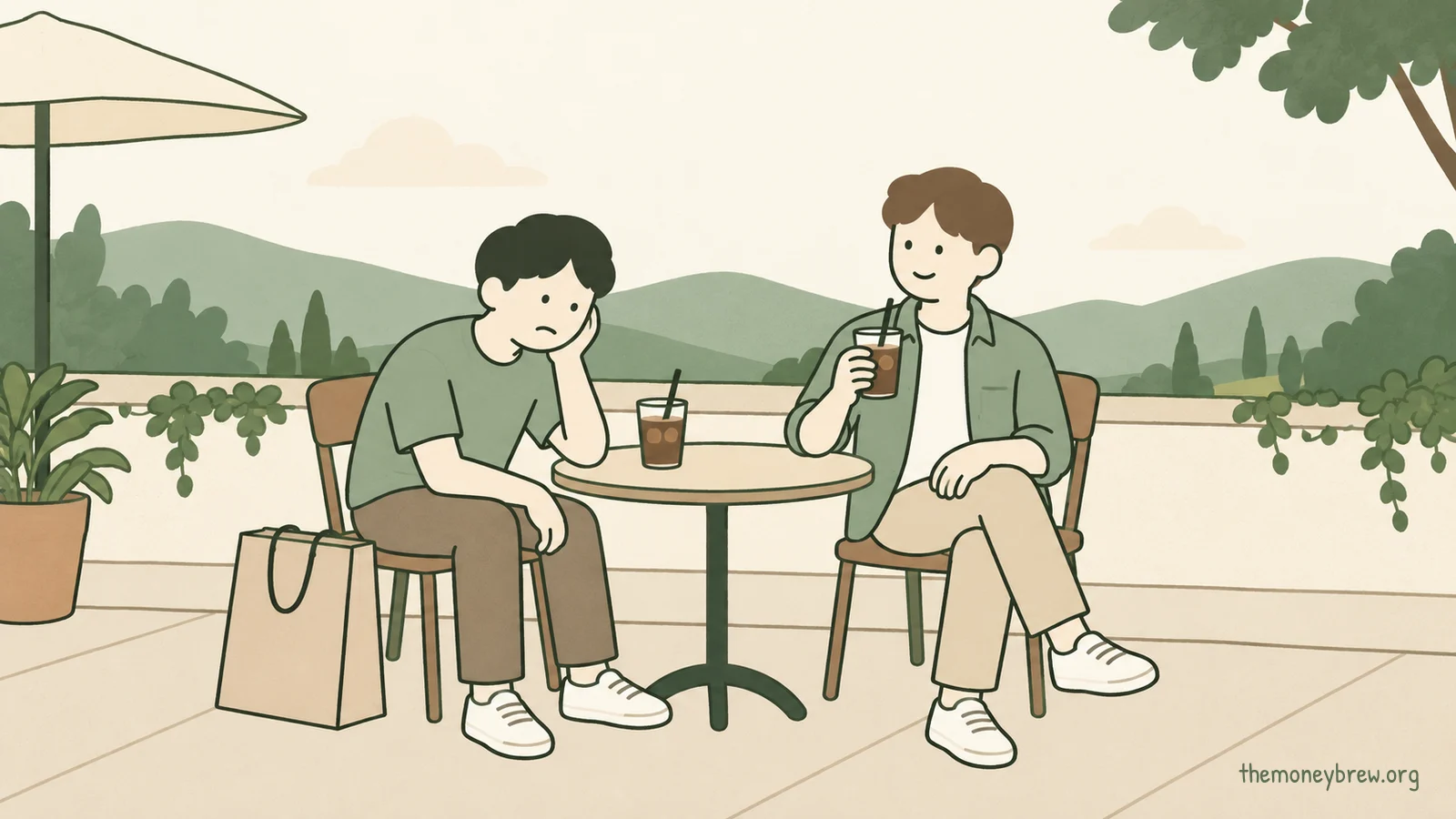 Hai người ngồi bàn cà phê ngoài trời nhìn ra đồi xanh: cậu em chống cằm, mặt xìu, cái túi mua sắm to để cạnh ghế; người kia cầm ly cà phê đá, cười.