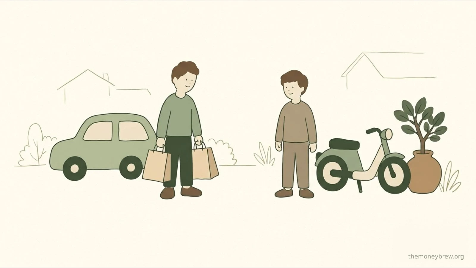 Hai người đàn ông: một người bên ô tô và túi mua sắm, người còn lại bên xe máy và chậu cây, phía xa có mái nhà và bụi cây phác nét
