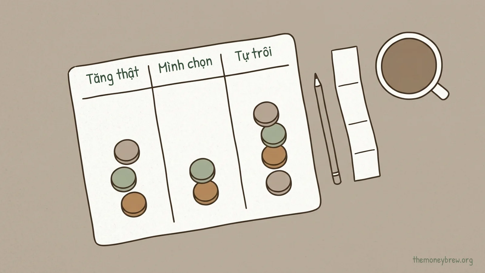 Một tờ giấy chia ba cột đề "Tăng thật", "Mình chọn" và "Tự trôi", mỗi cột có vài đồng xu; bên cạnh là cây bút chì, dải sao kê và tách cà phê, nhìn từ trên xuống.